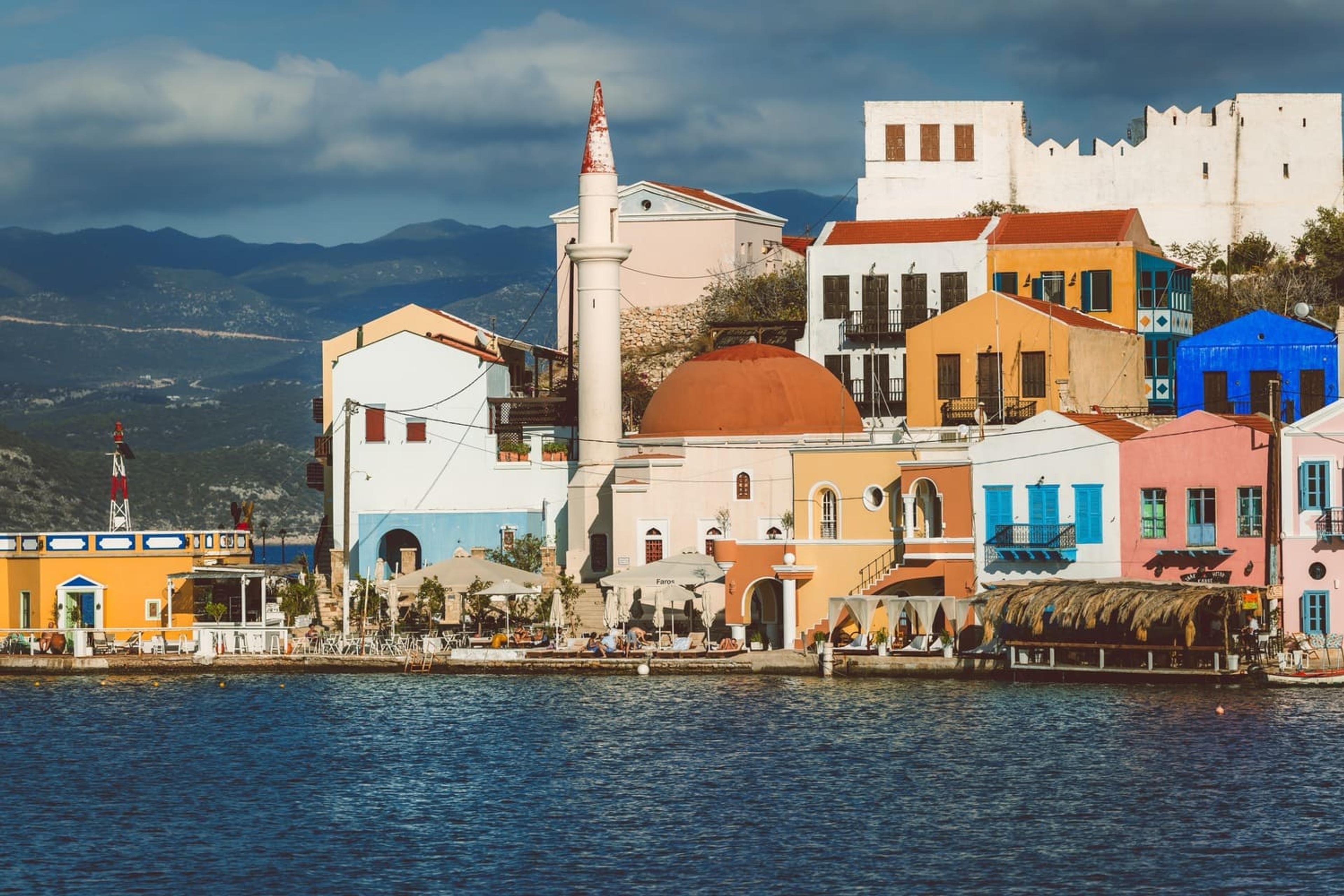 Meis waterfront with its mosque and colourful buildings