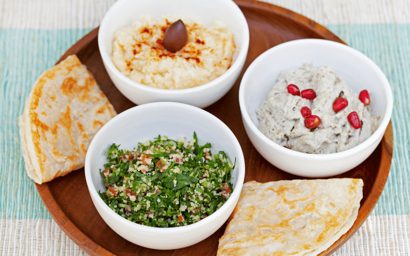 Girit ezmesi, baba ganuş, and tabbouleh